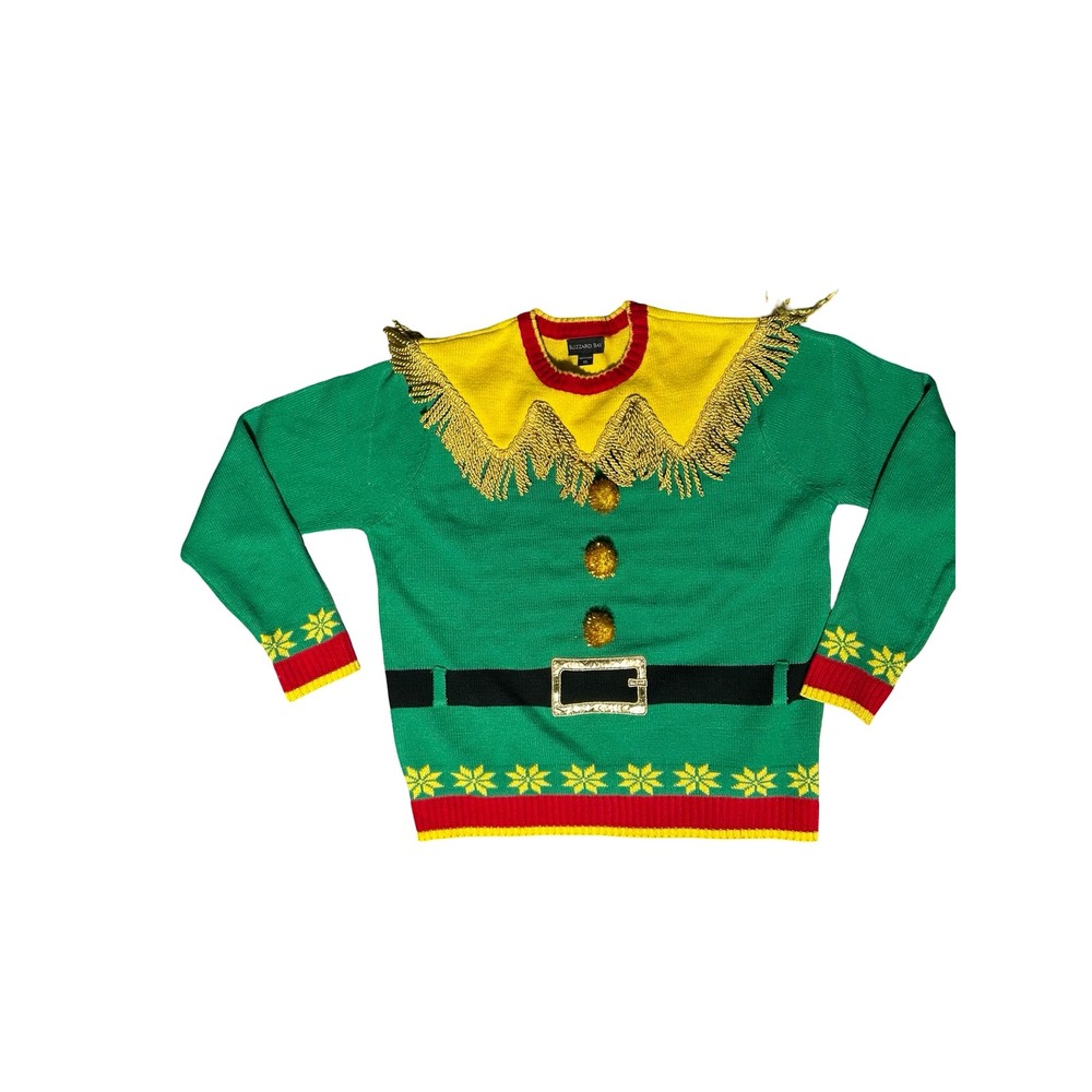 Blizzard Bay Mens XL Elf Ugly Christmas Sweater Green Gold Fringe Pom Poms